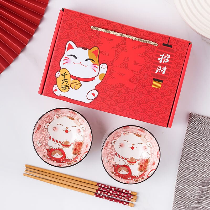 Set of 2 Fortune Cat Rice Bowls Gift Set