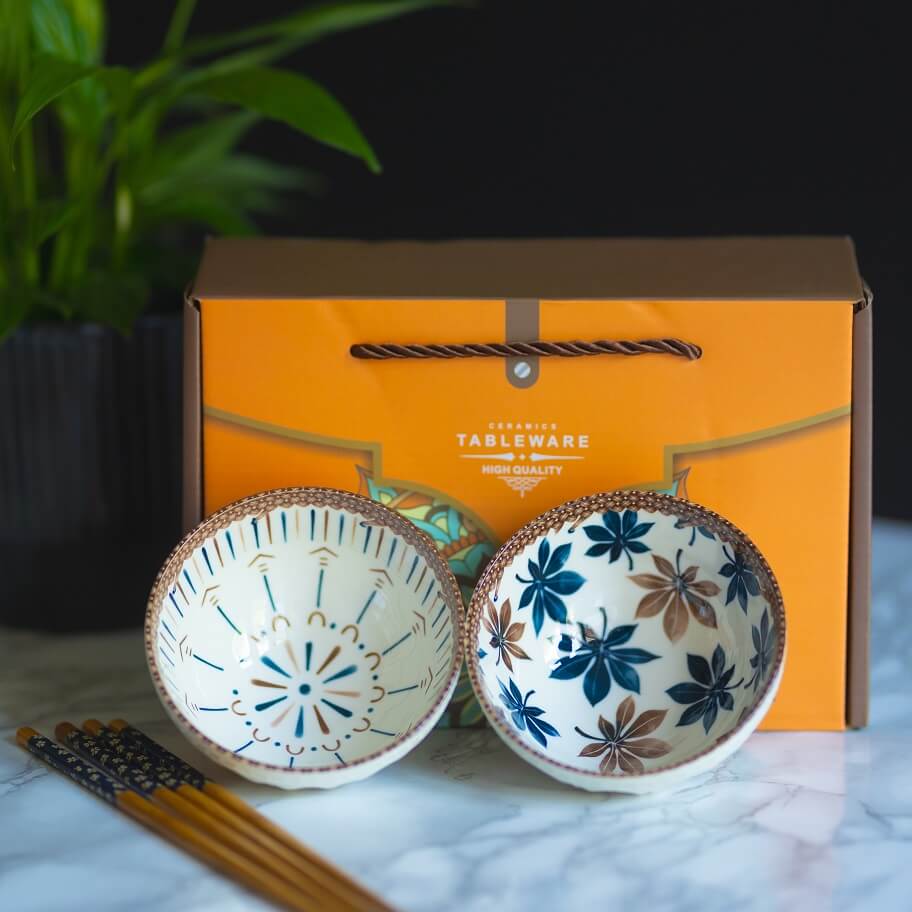 Ceramic Rice Bowl Bohemian Style Pattern Gift Set of 2