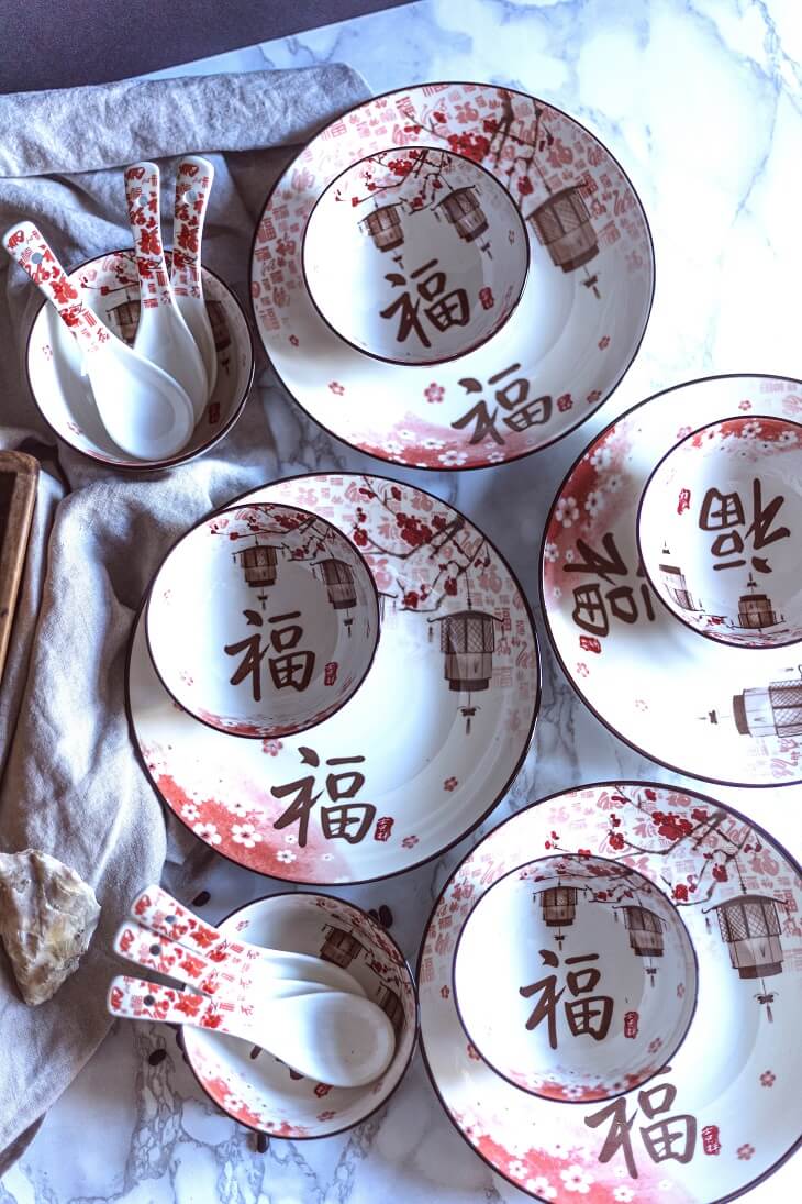 Japanese-Chinese Ceramic Bowls Plates Spoons Dinnerware Gift Set -16 Pieces Set