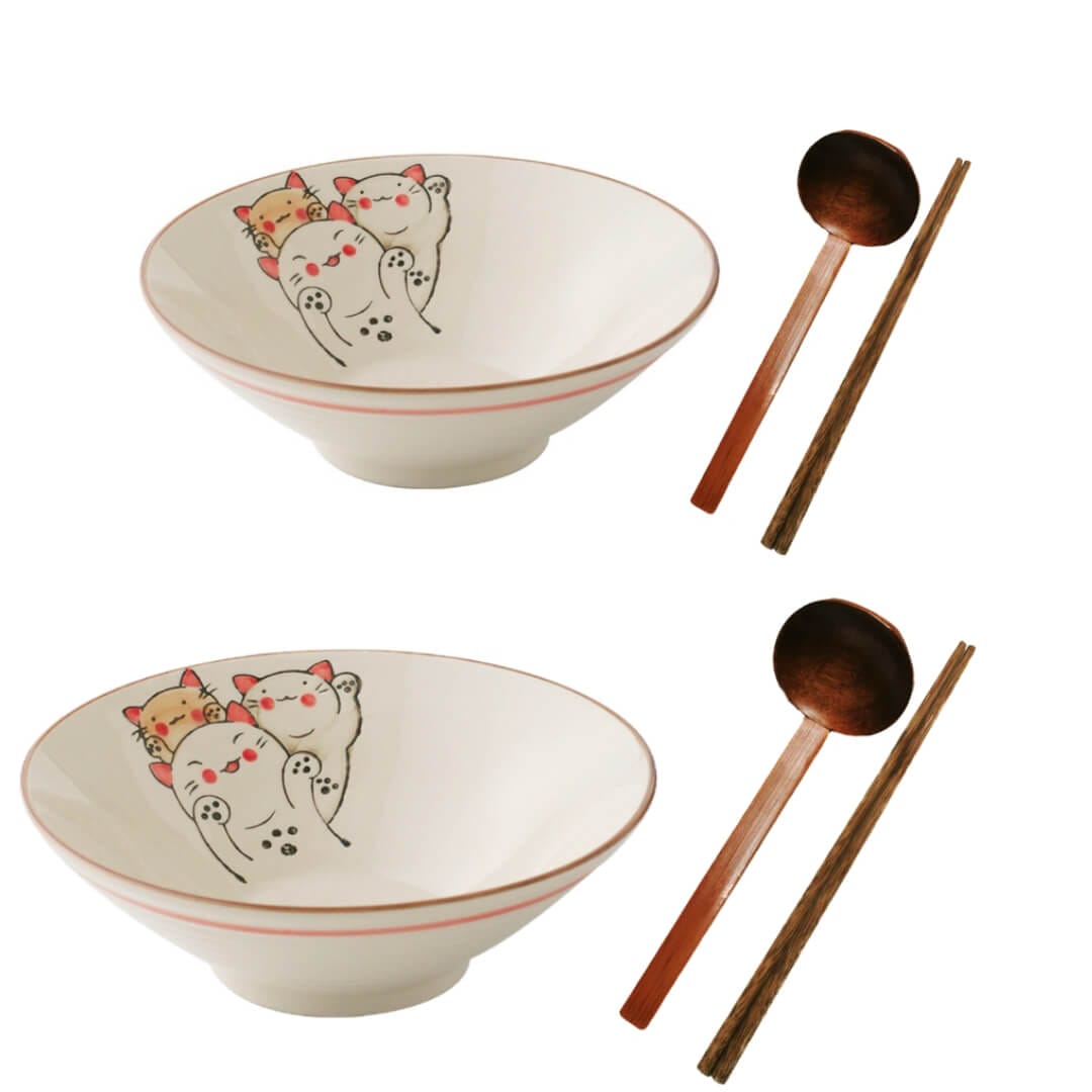 Large Ceramic Ramen Bowl Fortune Cat  Japanese Noodles Bowls Dinner Sets for Pasta Soup Pho Mixing Salad Dishes Snack Cereal with Spoon Chopsticks 900ml-Set of 2