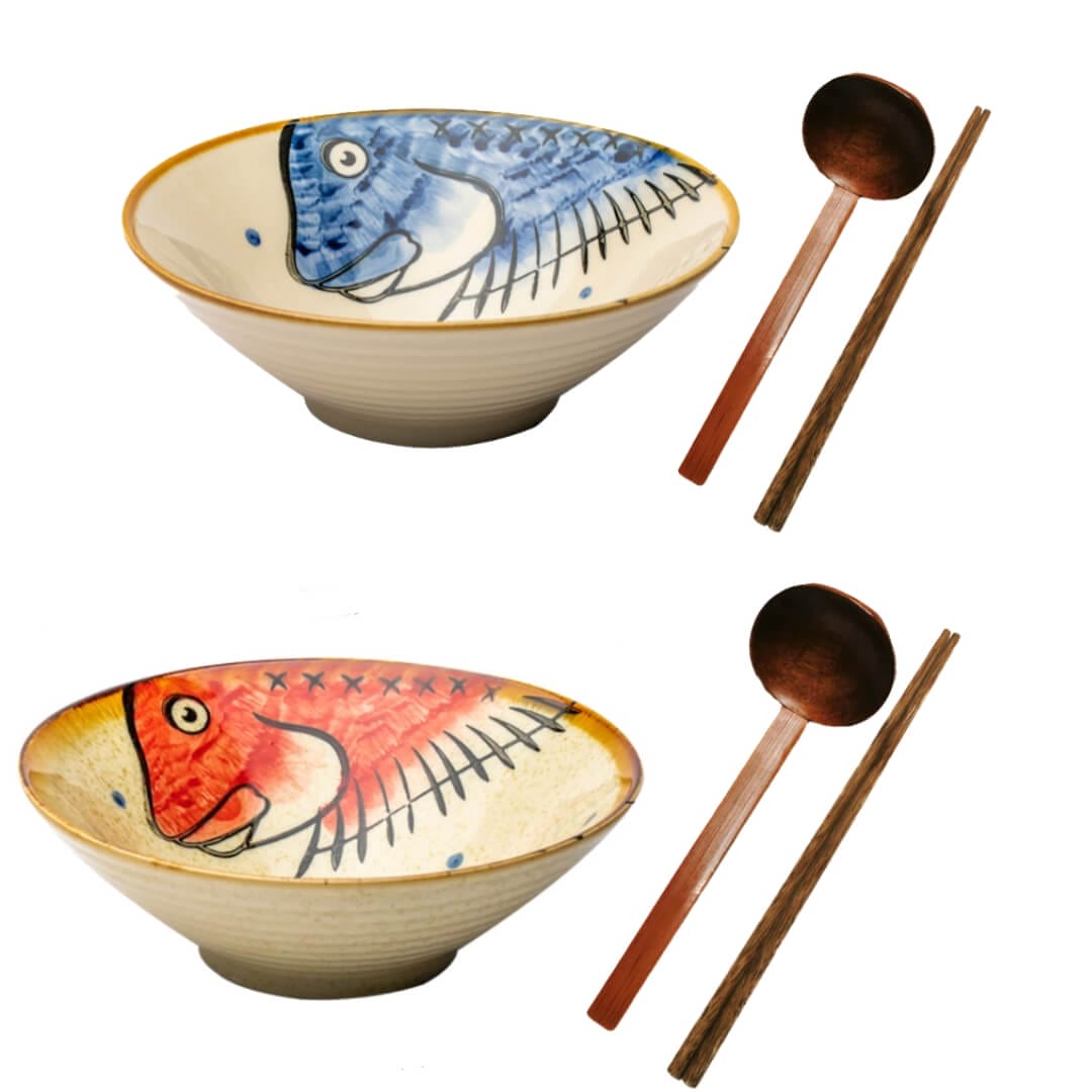 Large Ceramic Ramen Bowl Fish Pattern Japanese Noodles Bowls Dinner Sets for Pasta Soup Pho Mixing Salad Dishes Snack Cereal with Spoon Chopsticks 900ml- Set of 2