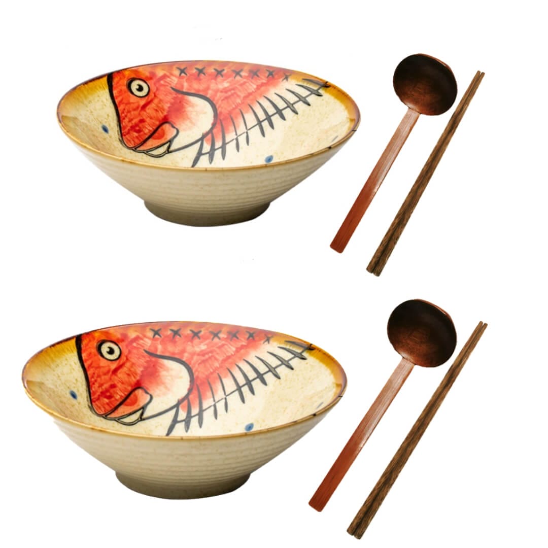 Large Ceramic Ramen Bowl Red Fish Japanese Noodles Bowls Dinner Sets for Pasta Soup Pho Mixing Salad Dishes Snack Cereal with Spoon Chopsticks 900ml